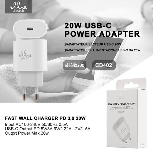 Ellietech CD402 Cargador Casa De Entrada Tipo C Sin Cable 20W