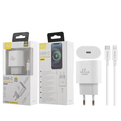 Ellietech CD405 Cargador de Entrada Tipo C PD20W con cable para iPhone