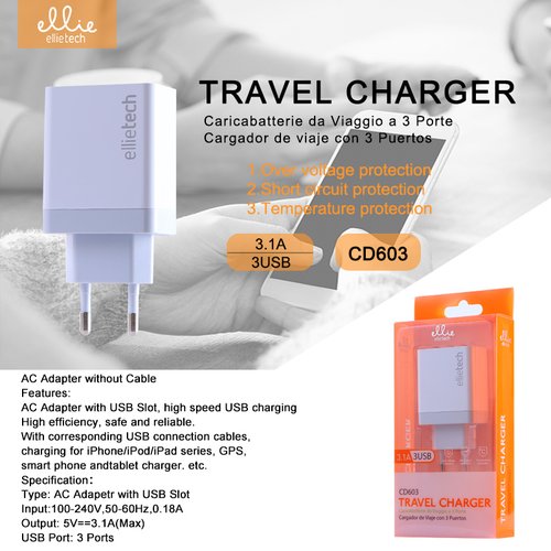 Ellietech CD603 Cargador de Casa Con 3 Puertos 3.1A 3USB