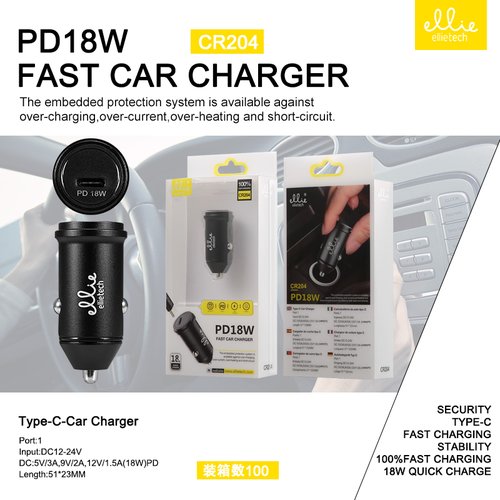 Ellietech CR204 Cargador de Coche Tipo C PD 18W Carga Rápida Puerto 1 SIN CABLE