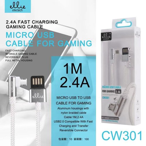 Ellietech CW301 Cable Aluminio Carga Rapida de 2.4A para Micro USB de 90 grados