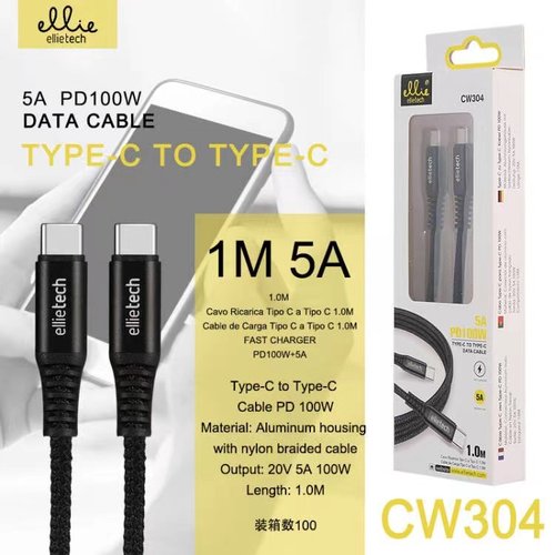 Ellietech CW304 Cable de Nylon para Tipo C a Tipo C 1M 5W 100W
