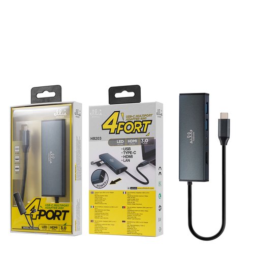 Ellietech HB203 3.0 USB-C Multipuerto Adaptador 4 en 1 HDMI, USBx2 , TIPO C
