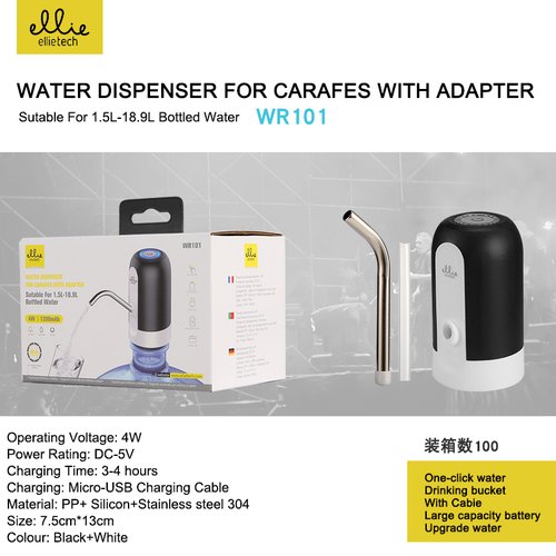 Ellietech WR101 Dispensador de Bomba de Agua con Carga USB para Agua Embotellada 1.5L-18.9L