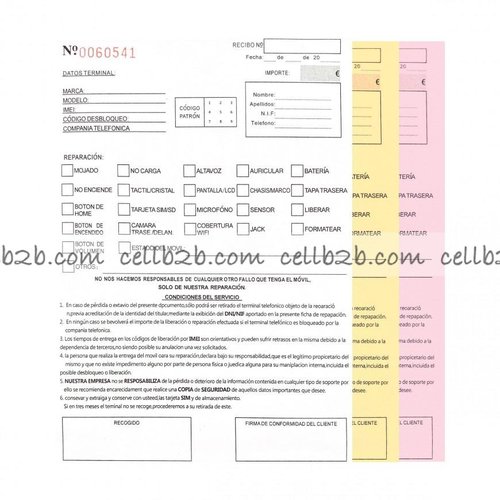 Bloc Hojas Autocopia para Taller de Reparación de Móvil 21CMx30CM