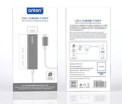 Onten 9593 Adaptador Tipo C a 3 Puertos con Gigabit Ethernet