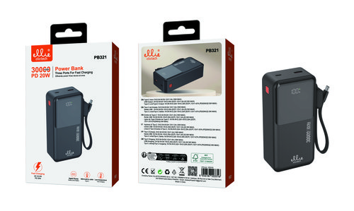 Ellietech PB321 PowerBank PD 20W con Cable Type-C 30000mAh Negro