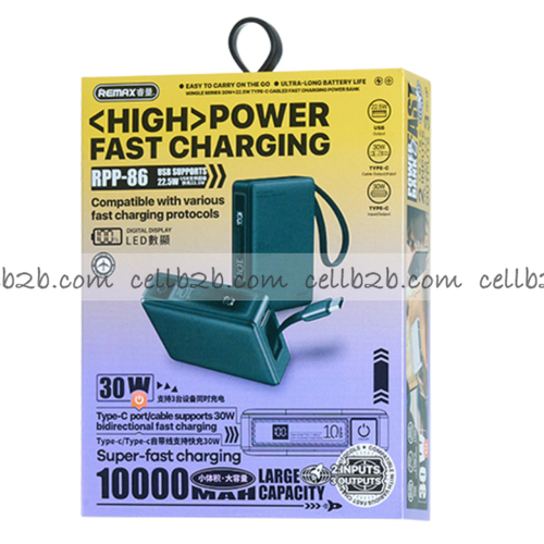 REMAX RPP-86 PowerBank 10000mAh con Cable Tipo C Carga Rápida 30W + 22,5W USB