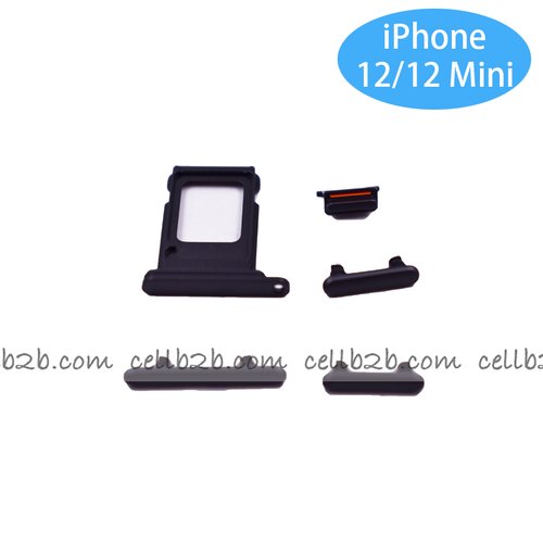 Set 4 Piezas Porta-SIM  + Teclado de Volumen, Encendido y Boton Vibración para iPhone 12 Mini 5.4 / 12 6.1 Negro